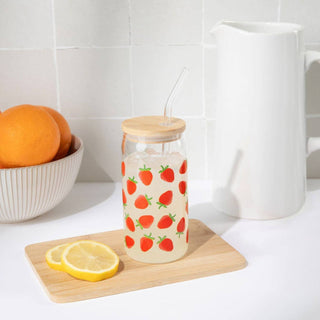 Strawberry 17 oz Can Glass w/ Straw and Lid