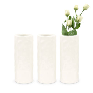 Tall Dimpled Cylindrical Ceramic Vase - White